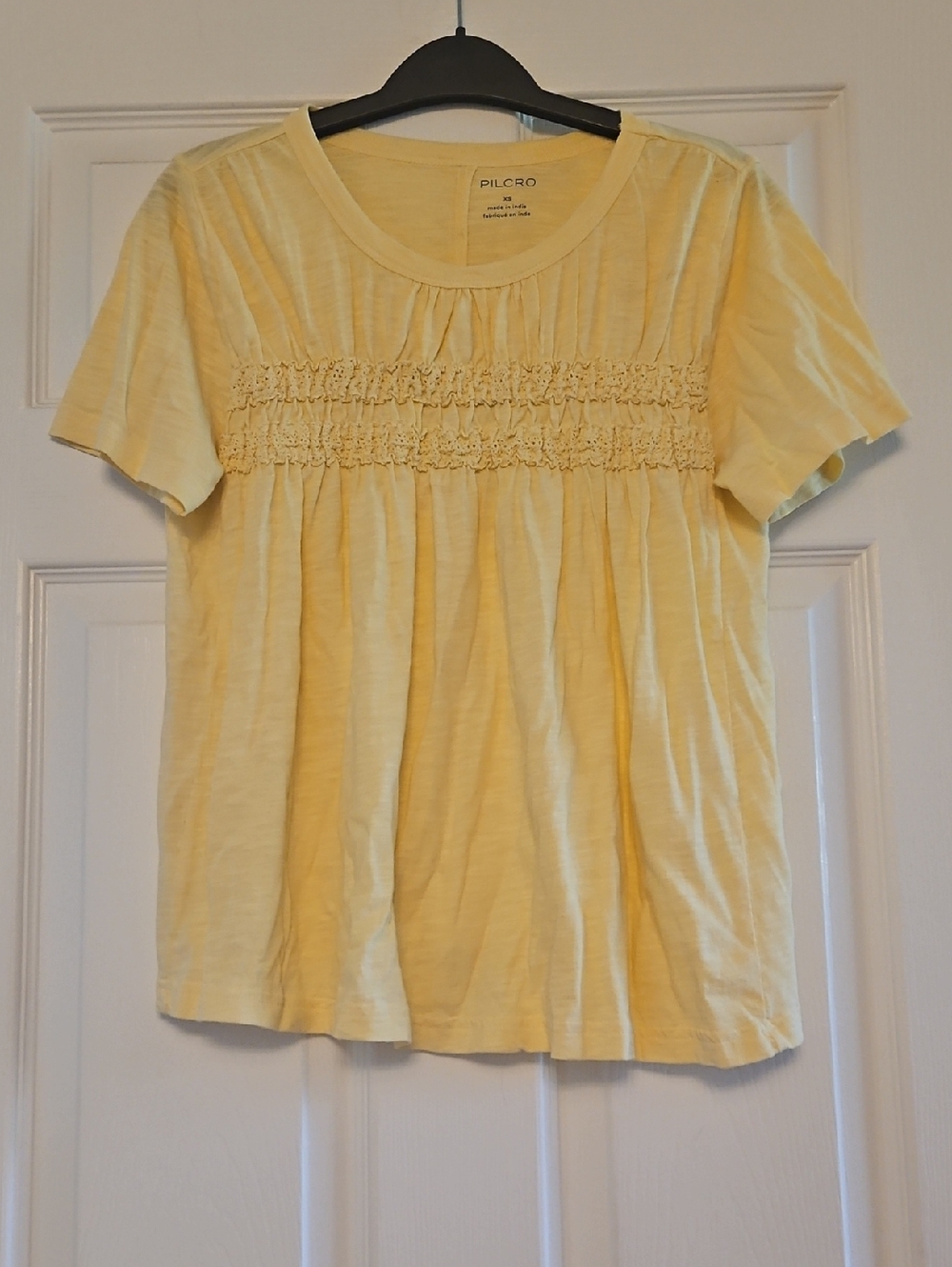 Pilcro Pale Yellow Smocked Front Short Sleeve Tee